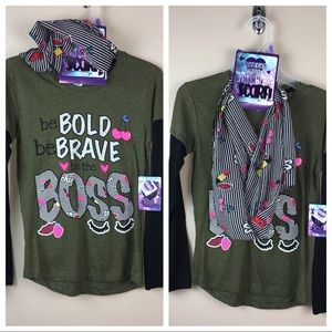 Girls green long sleeve tee with scarf XL 14/16
